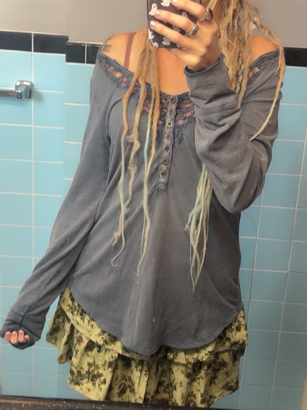 We The Free Slate Blue Lace-Trim Henley Long Sleeve Top